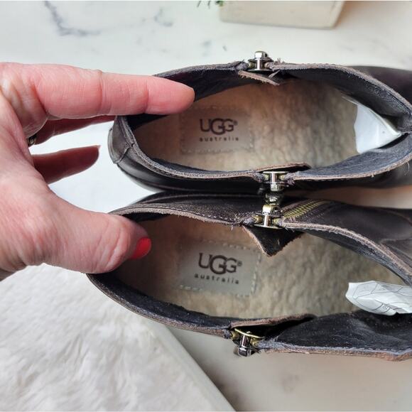 UGG Meredith Brown Leather Sherpa Lined Wedge Ankle Boot Size 9.5 - Picture 7 of 14